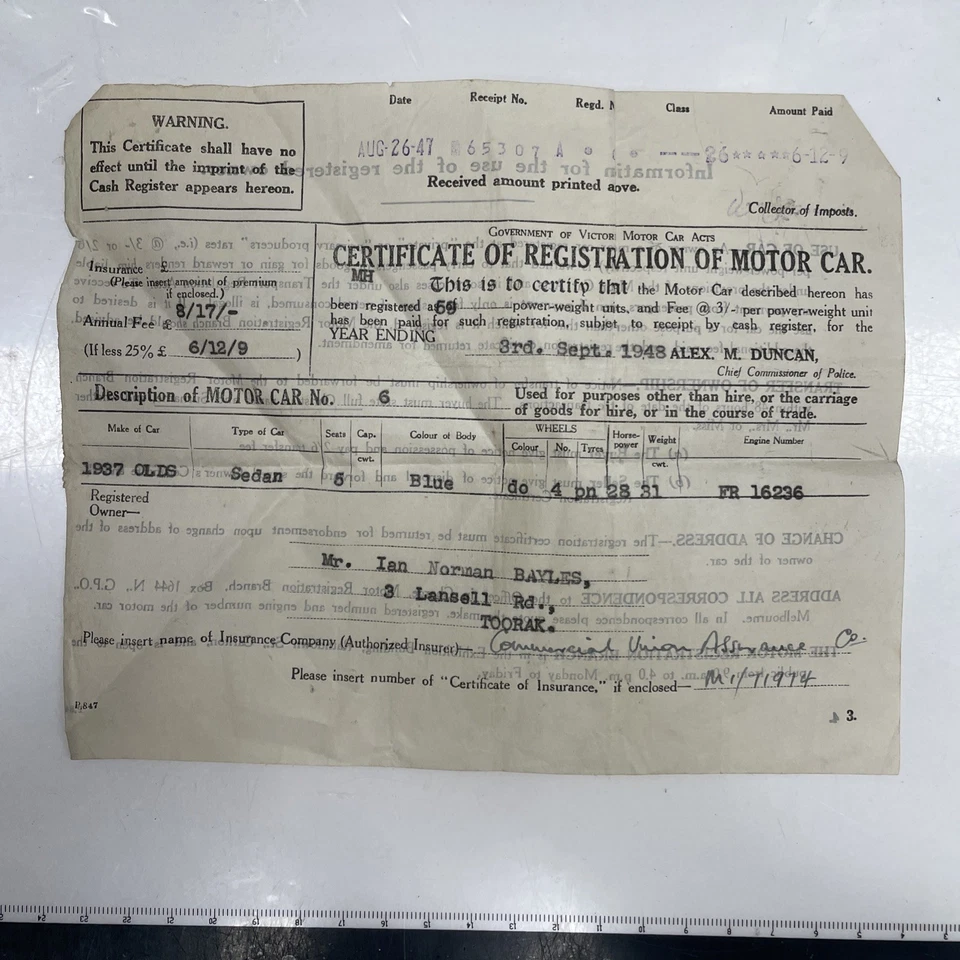 ORIGINAL VINTAGE EPHEMERA Car Registration Certificate 1948 37 Oldsmobile Toorak - image 2 of 3