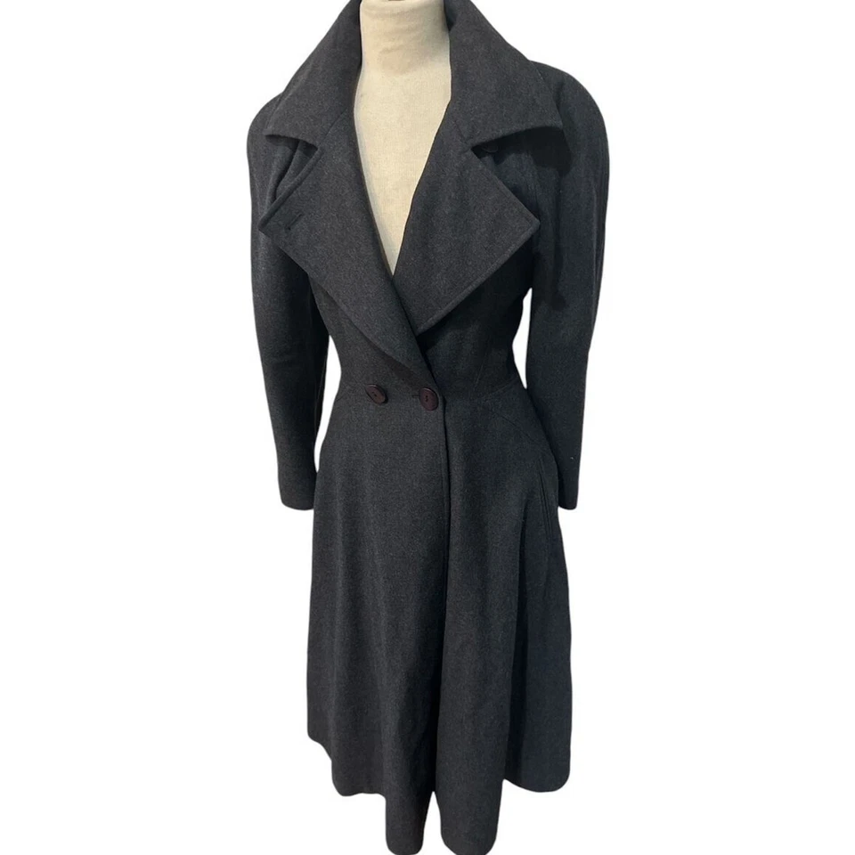 Vtg 90s Louis Feraud CHARCOAL WOOL MAXI CAPE BACK COAT SZ 4-6