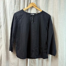 Russ Berens Henley Shirt Womens Large Black Textured Pocket Tencel Made in USA