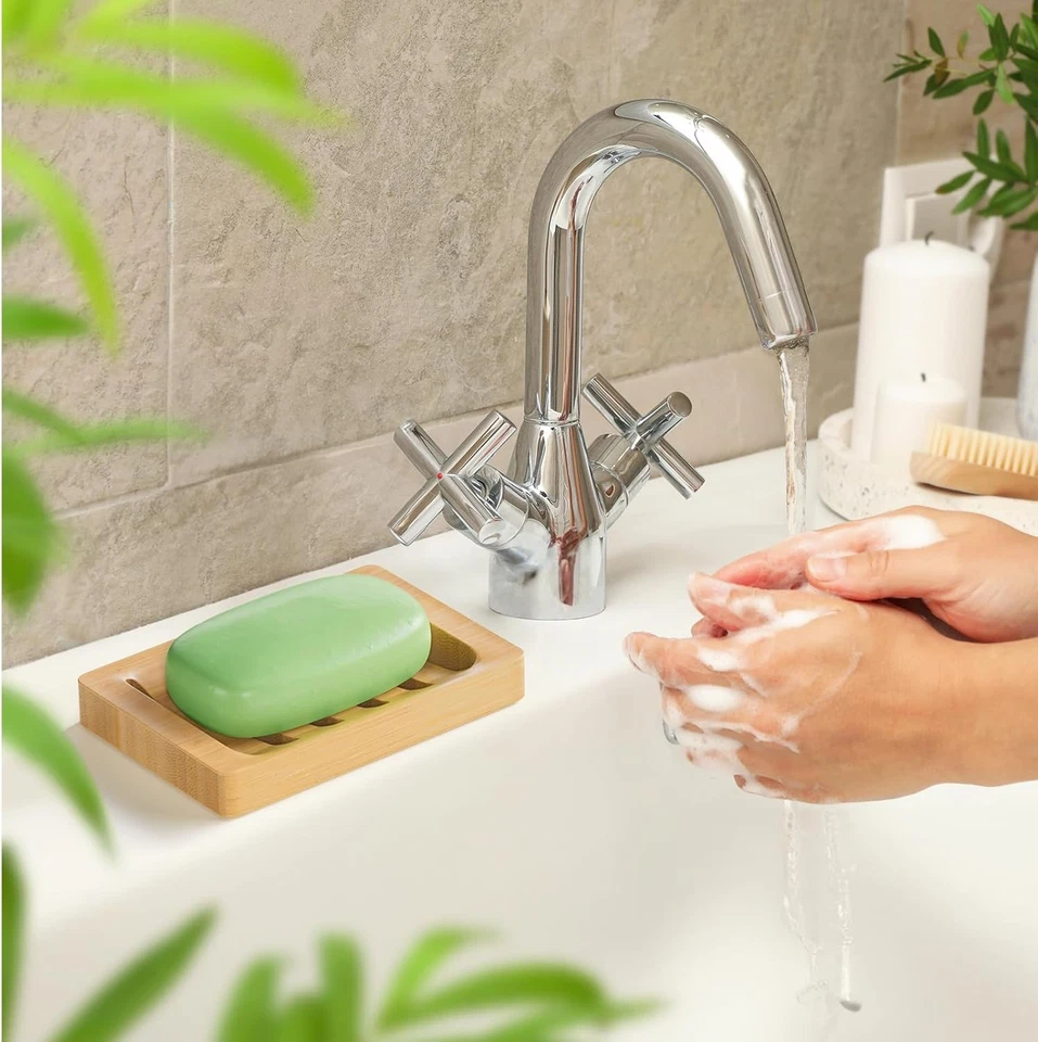 Soap Holder, 2 Pack Bamboo Self Draining Dish for Shower, Bathroom, Kitchen - Image 2 of 4