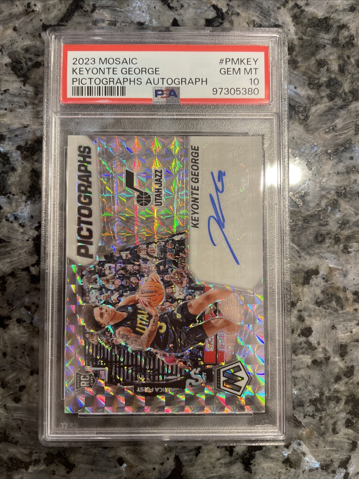 KEYONTE GEORGE Pictographs Silver Auto RC  2023-24 Panini Mosaic PSA 10 Rookie