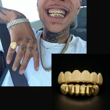 24K Gold Plated w/ Lattice Shape Hip Hop Teeth Grillz Top & Bottom Grill Set