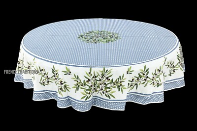 French Provencal Coated Cotton Tablecloth Olives Blue & White 71'' France