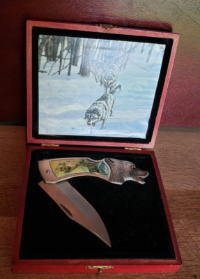 VINTAGE DECORATIVE FOLDING POCKET KNIFE; WOLF HEAD;IN WOOD GIFT BOX;ROSTFREI