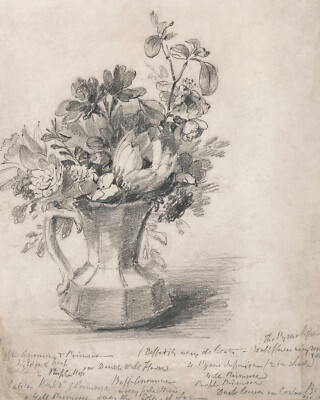 Vintage Flowers in a Pitcher Sketch Giclee Print on Fine Art Paper