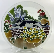 Peggy Karr Fused Bowl Art Glass Cat Garden Flowers Signed