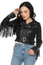 Giacca donna pelle nera frange morbida pelle di agnello bomber biker giacca slim fit