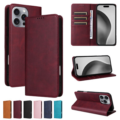 Leather Folio Case For iPhone 16 Pro Max 15 14 13 12 11 Card Wallet Stand Cover