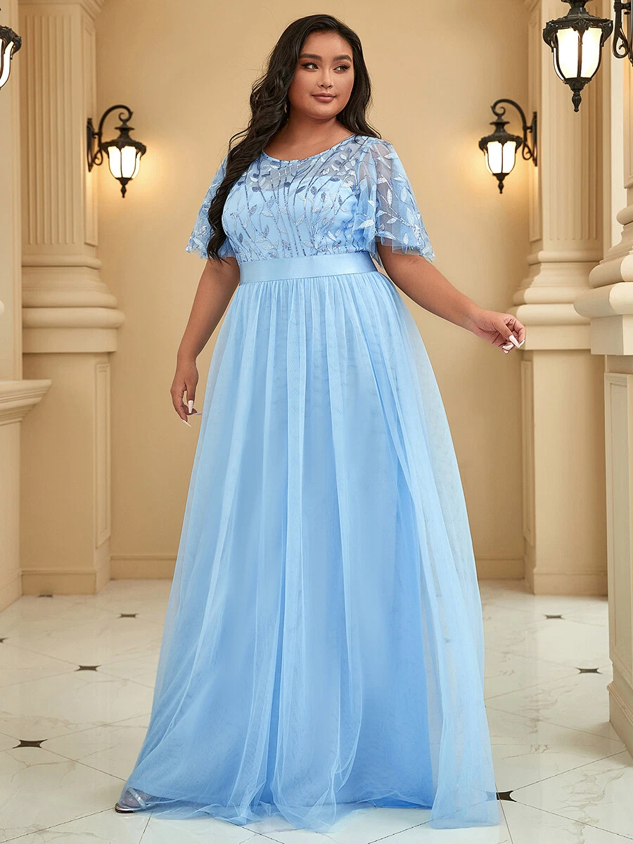 Plus Size Short Sleeve Sequin Leaf Floor Length Evening Dresses