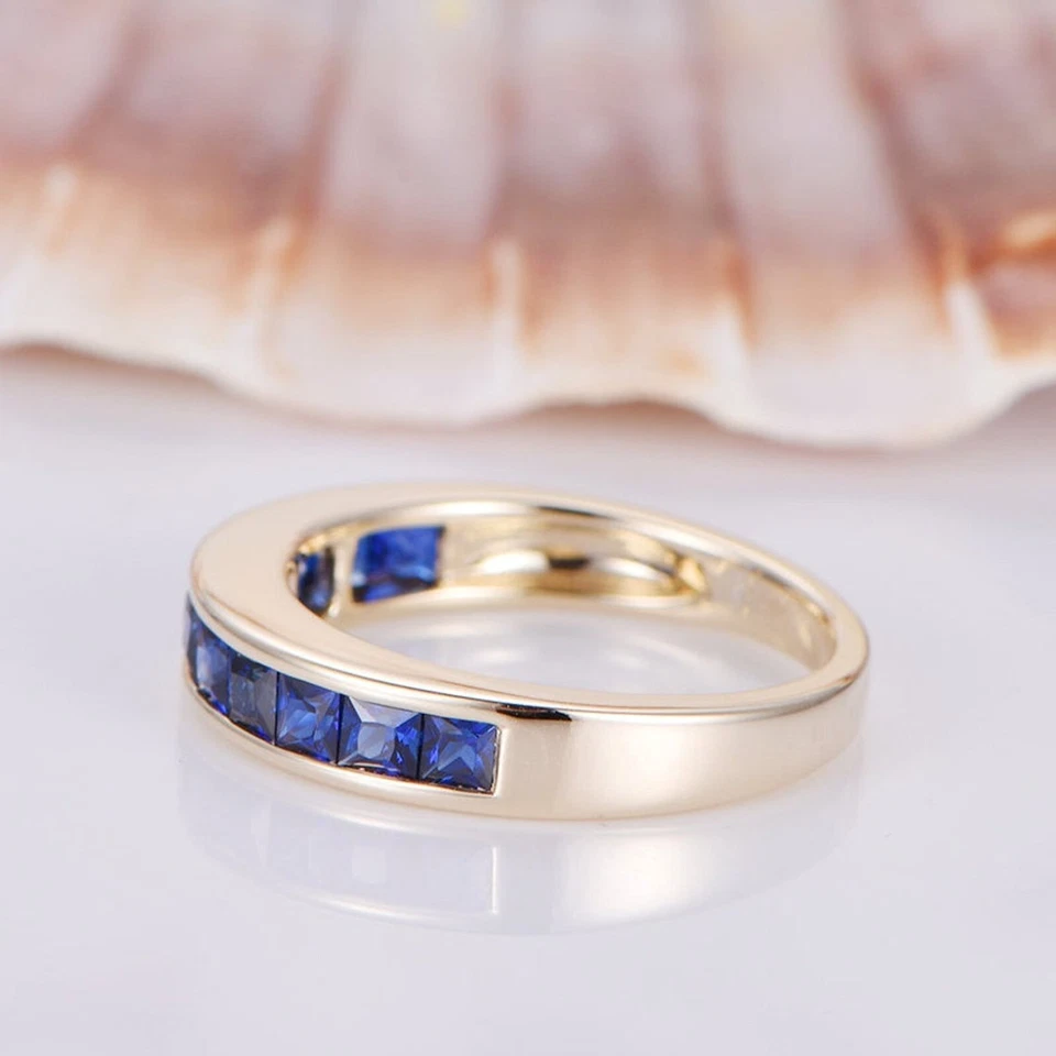 Blue Sapphire Channel Set Square Band Silver Gold Plated Band All Ring Size Foto 3 de 4