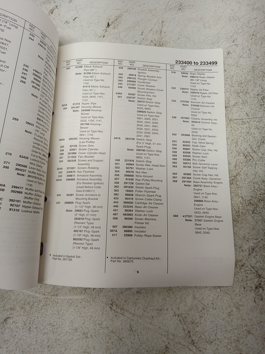 Briggs & Stratton 233400 to 233499 Engine Illustrated Parts List