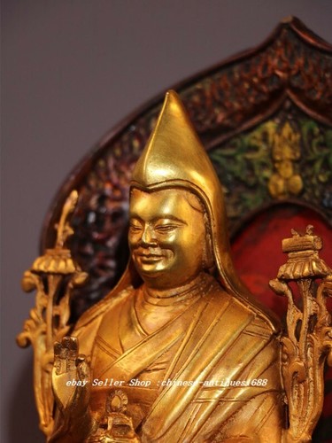 14'' Old Tibet Wood Lacquerware Copper Zongkaba Je Tsongkhapa Fo Kan Shrines Set - 第 3/9 張圖片