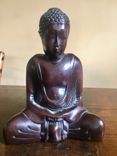 Antique Carved Dark Stone Buddha Wheel of Dharma Hands serene 7 1/2 x 5 1/2 in