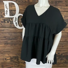 12 PM by Mon Ami | Babydoll Black V-Neck Tiered High Low Blouse Flowy Oversized