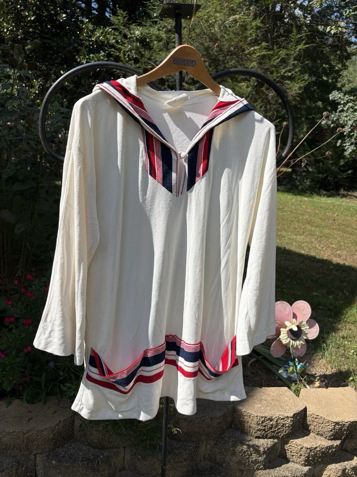 Blusa túnica con capucha azul rojo crema vintage de los años 1930-1940 para mujer Foto 4 de 4