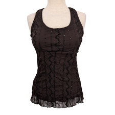 Y2K Mesh Babydoll Top M Brown Sequin Lace Crinkle Whimsigoth Fairy Grunge Earthy