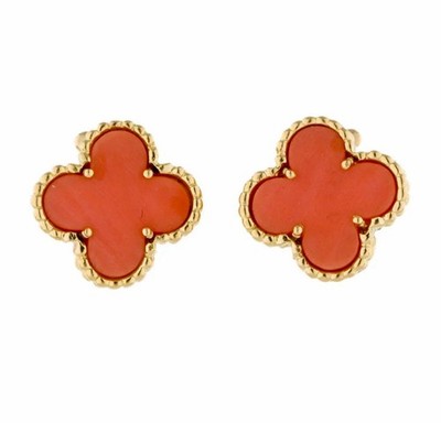 Van Cleef & Arpels Vintage Alhambra 18k Yellow Gold Red Coral Earrings