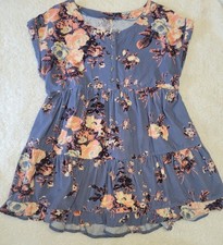 Free People Floral Boho Tunic Dress Small Blue Tiered Babydoll Cotton Flowy