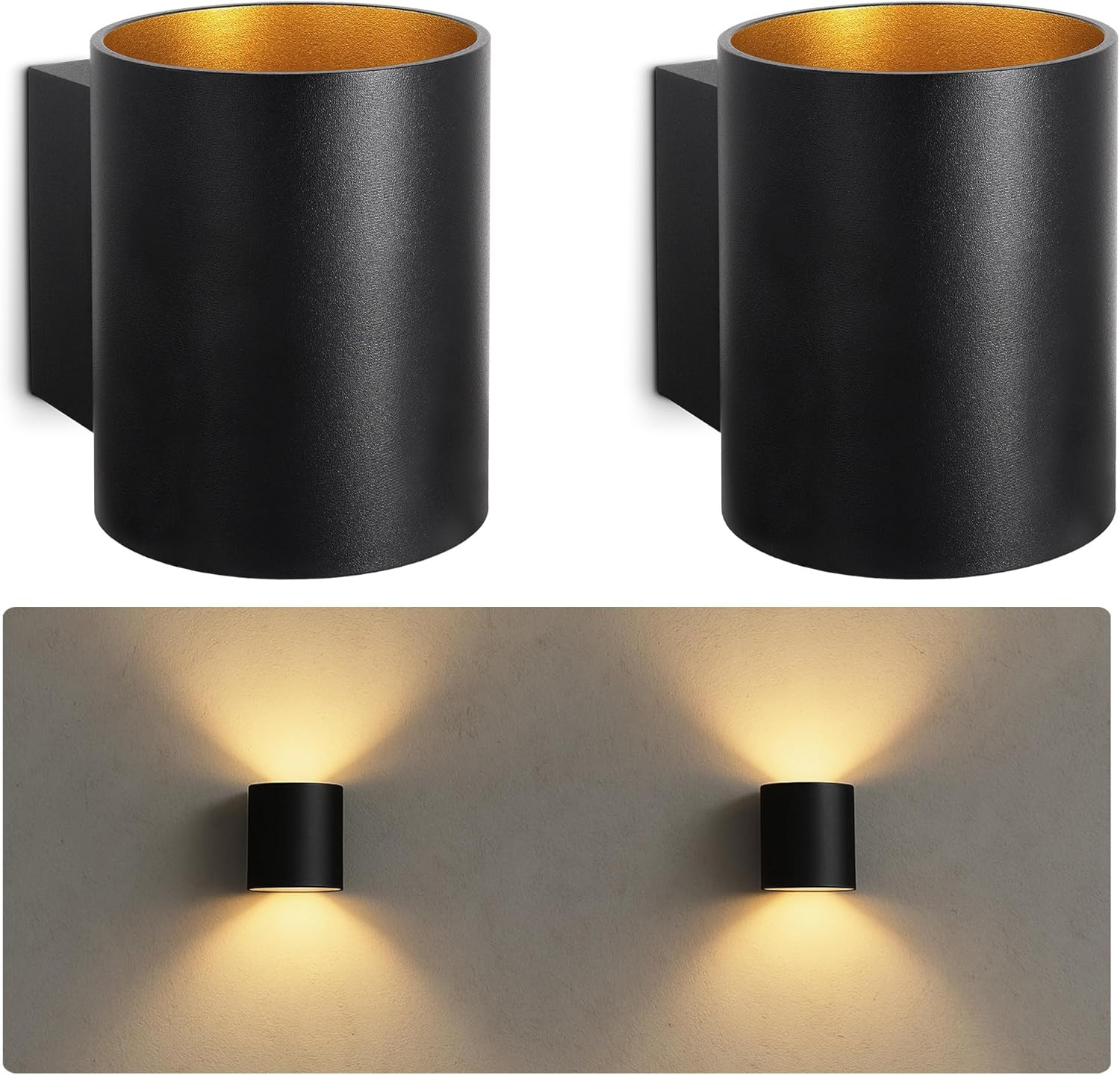 2x Lampada Parete TUANI Nera Tonda - Applique Interno Robusta