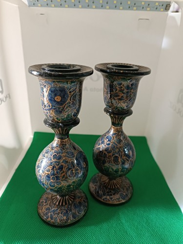 2 candelabros vintage de laca de madera azul dorado y negro de 5,5" - Imagen 13 de 17