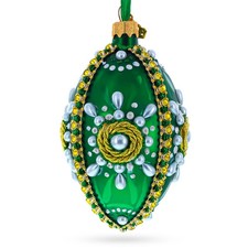 White Pearls on Green Glass Egg Ornament 4 Inches