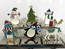 Set (6) Christmas Stocking Holders Enamel Silver Metal Santa Snowmen Reindeer