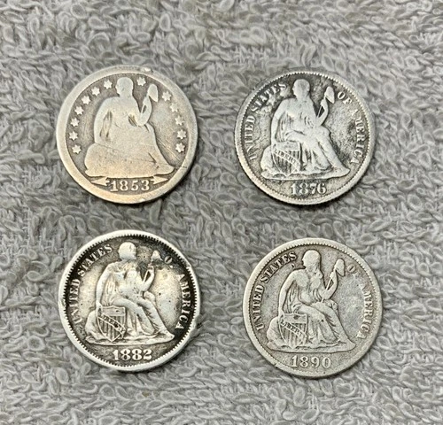 Old U.S. coins lot of 4 from 1800'S, seated liberty Dimes All 90% Silver.