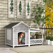 Wooden Outdoor Dog House with Porch, Light Gray