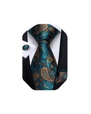  Extra Long Tie for Men Silk 63" XL Necktie and Pocket Suqare Teal Paisley