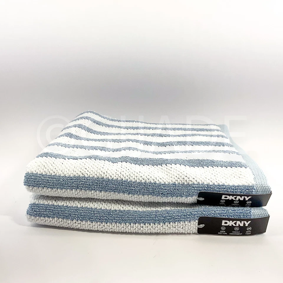 DKNY Pure 100% Cotton 2Pcs Bath Towels Blue & White New - Image 2 of 4