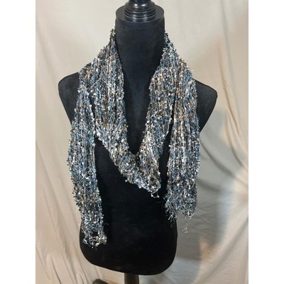Womens Blue Bronze Metallic Ladder Yarn Knit Scarf Textured Shimmer Boho
