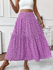 BOHO Ladies High Elastic Waist Floral Swing Skirt Long Summer Holiday Dress SIZE
