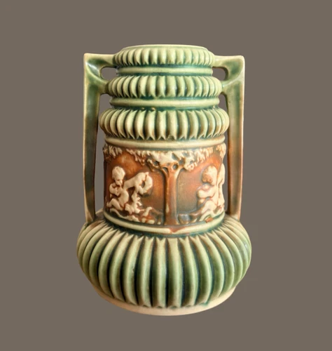 Roseville Pottery Donatello Cherub Vase Green Double Handle Pottery 1920s 6.5"