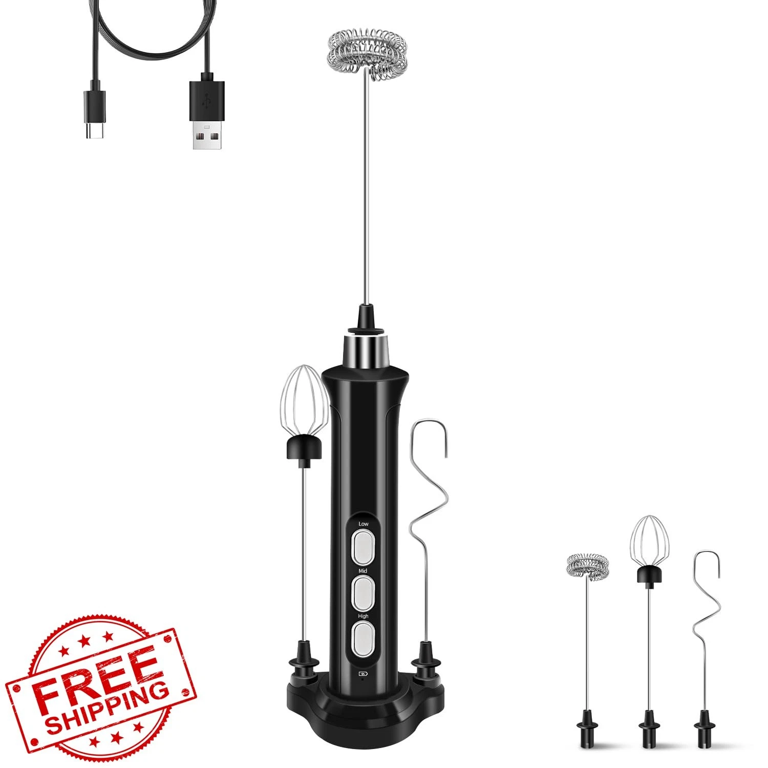 jiaonun Rechargeable Milk Frother 3 Speed Whisks