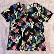 Disney Tinkerbell Floral XS Scrub Top 2 Front Pockets Medical Dental Scrubs V