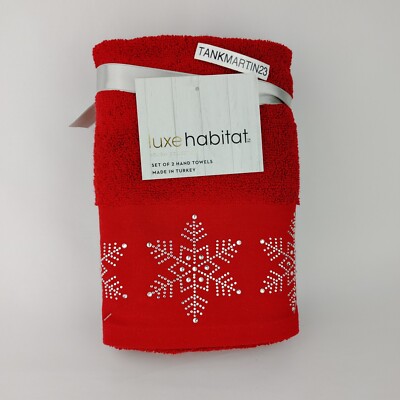 Set of 2 Luxe Habitat Christmas Hand Towels Red w/ Silver