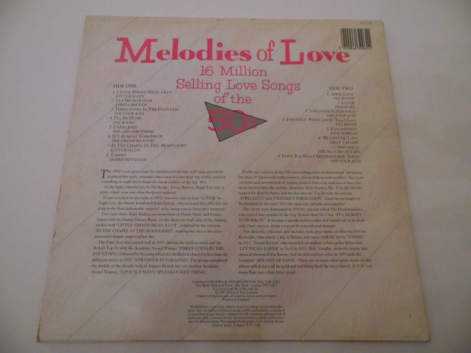 MELODIES OF LOVE ,MILLION SELLING LOVE SONGS FROM 50's 12" 33rpm VINYL