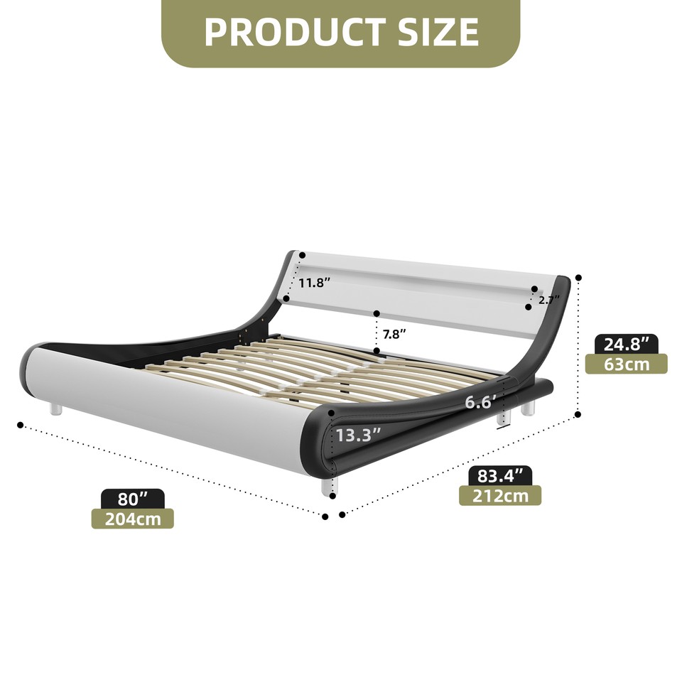 13" King Size Erginomic Curved Bed Frame Design w/ LED Headboard