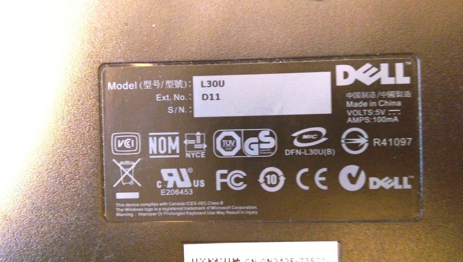 DELL L30U KEYBOARD SLIM LINE BLACK, CORDED USB w/out some minor key wear. v.g.