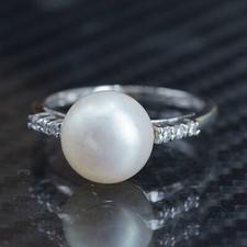 Size 7.25, vintage sterling silver 925 statement ring with pearl and cz