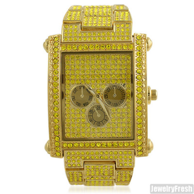 Gold and Yellow Stone Rectangle Face Czech Crystal Hip Hop Watch