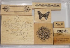 Stampin Up CREATIVE ELEMENTS Wood mount stamps floral flourish flower butterfly