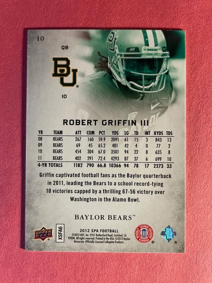 SIGNED 2012 ROBERT GRIFFIN III AUTOGRAPHED UPPER DECK SP AUTHENTIC FOOTBALL CARD - Image 2 of 2
