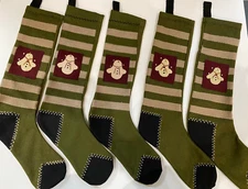 Country Primitive Wool Appliqué Christmas Stockings Hand Stitched Set of 5