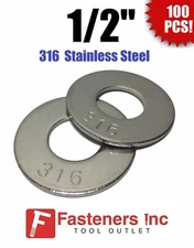 (Qty 100) 1/2" Grade 316 Stainless Steel Flat Washer GRADE 316
