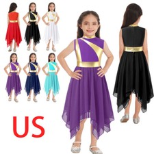 Girls Ballet Lyrical Dance Dress Metallic Sleeveless Asymmetrical Hem Costume