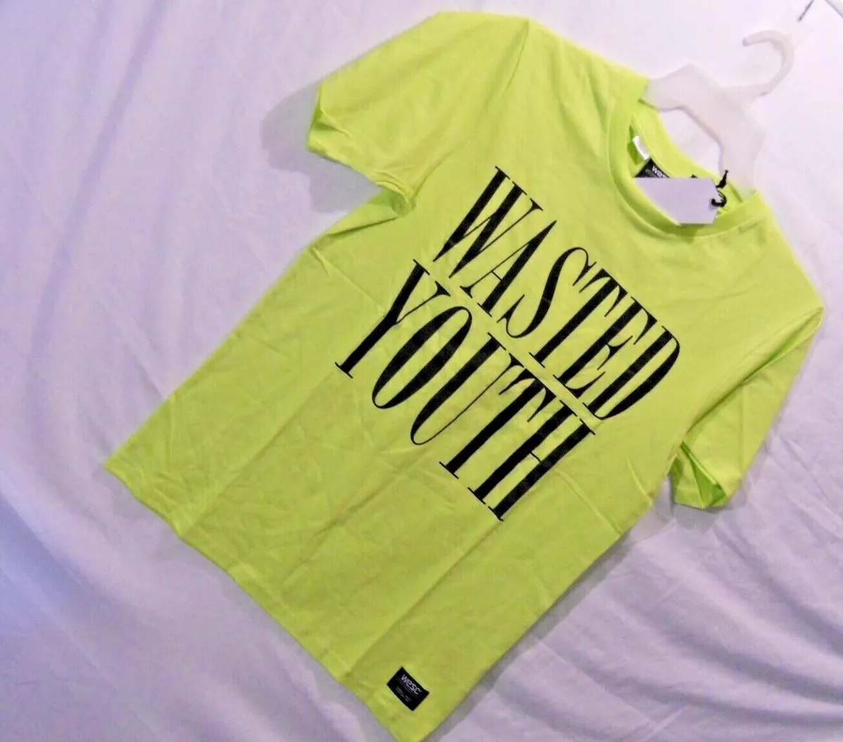 Wasted Youth tee t shirt neon yellow Mens size Large 100% Cotton