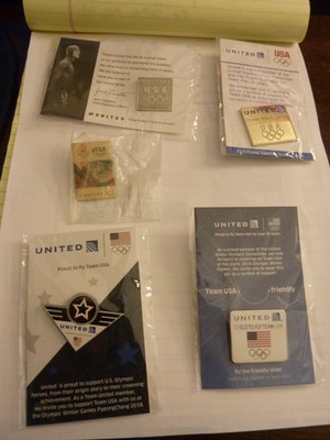 5 United Airlines Olympic Pins - Summer (2008, 2012), Winter (2002, 2014, 2018)