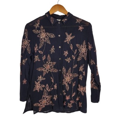 Vintage Chicos Design Black Embroidered Metallic Floral Sheer LS Blouse Sz 2