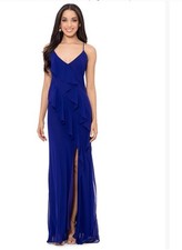 Betsy Adam Blue Spaghetti Strap Ruffle Evening Dress Gown Size 6